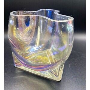 Unmarked Clear Iridescent Art Glass Triangle Bowl w/ Triangular Base